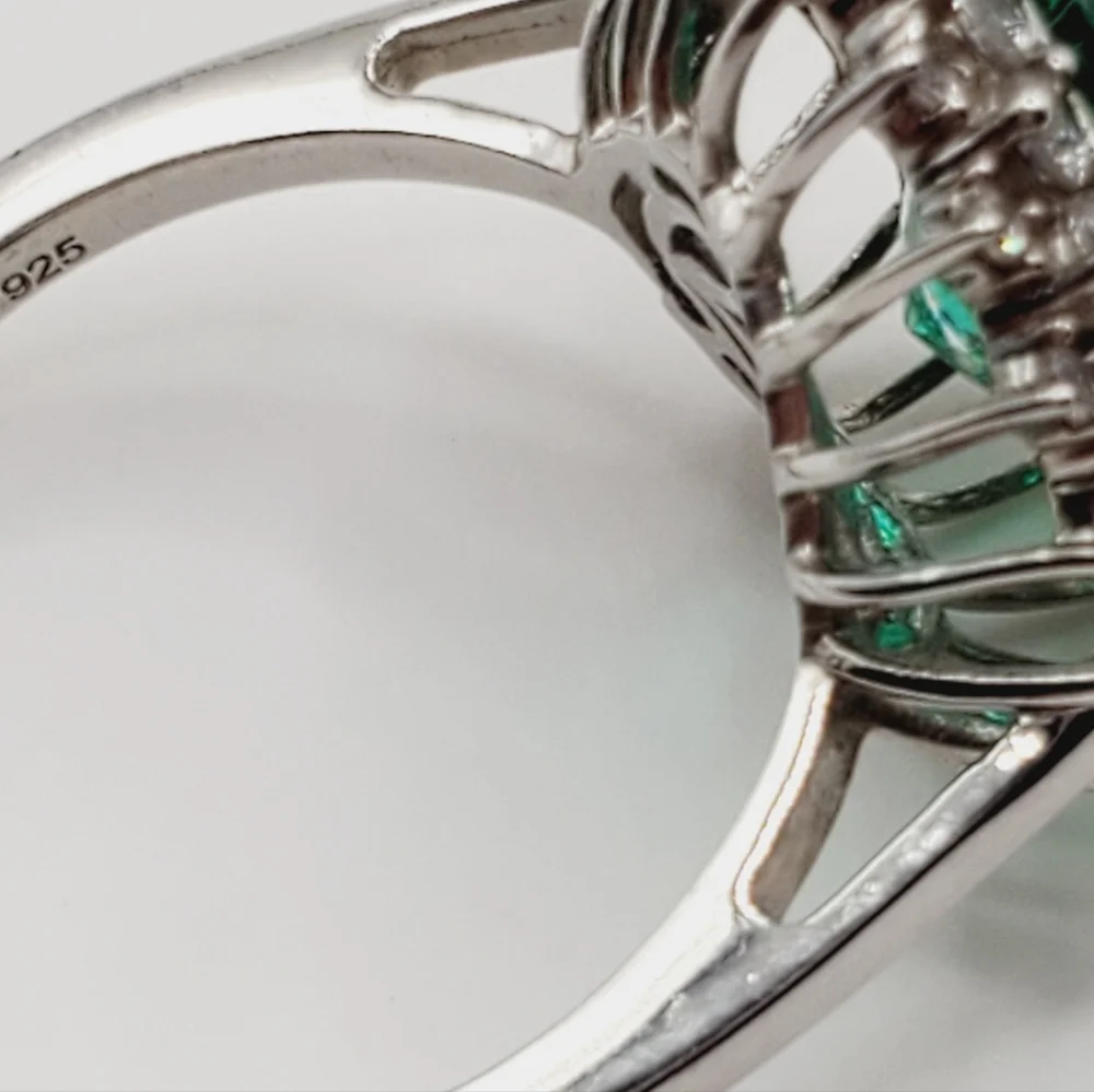 Emerald Green Quartz & White Zircon Sunburst Halo Ring Platinum Over Silver